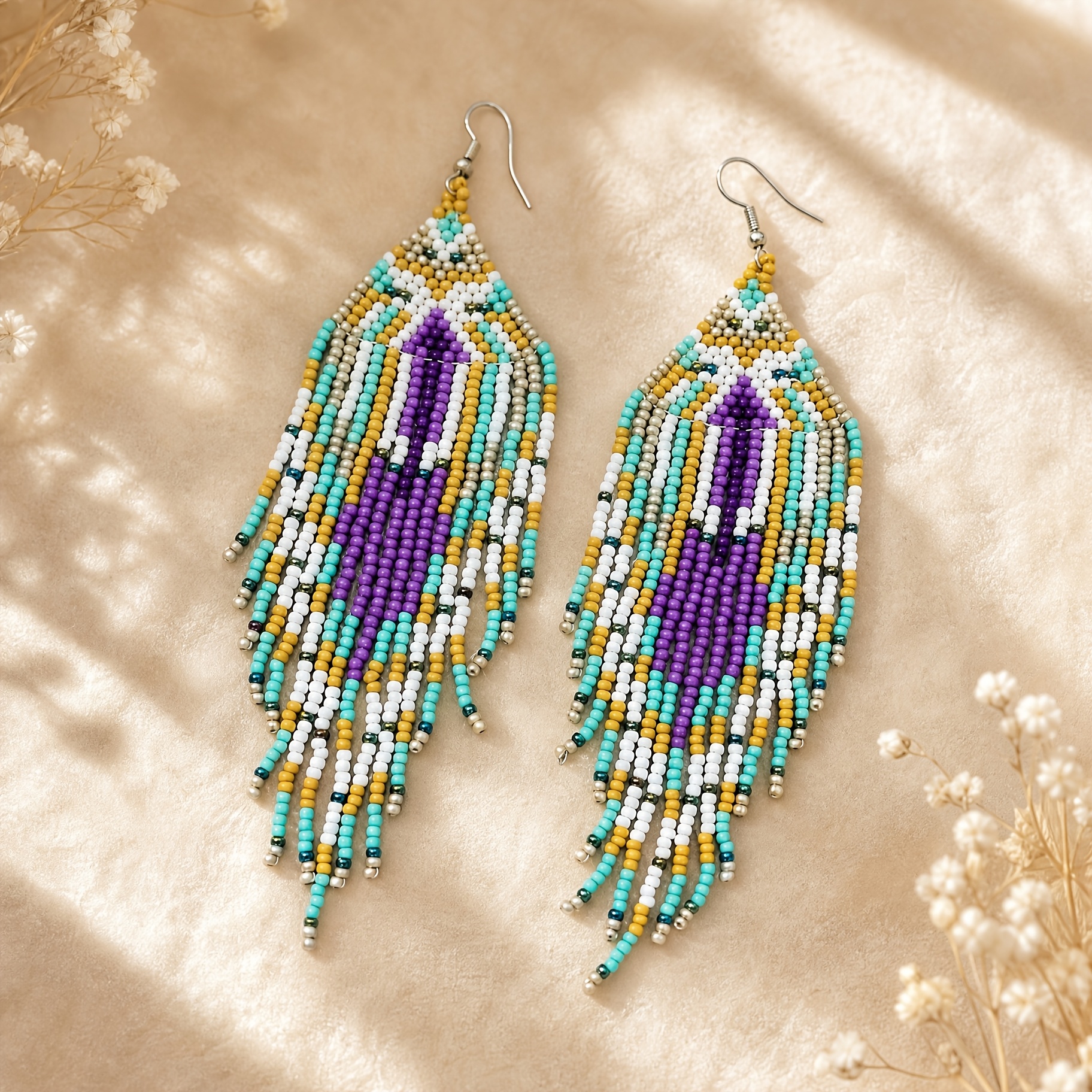 Boho Vintage Style Geometric Beaded Fringe Earrings